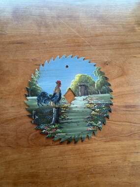 Hand Painted Circular Saw Blade Folk Art Rooster and Outhouse Signed by E. Kelly